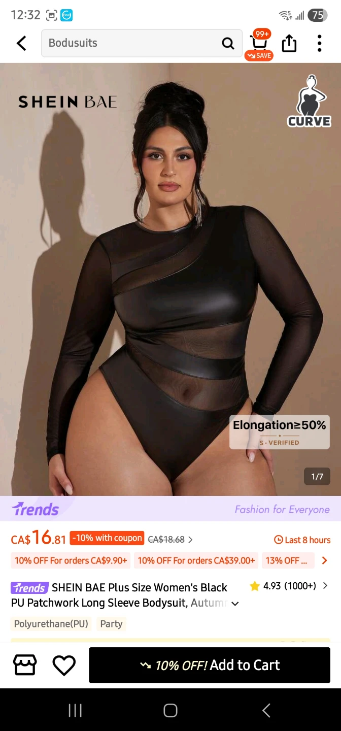 SHEIN BAE Plus Size Black PU Long Sleeve Bodysuit