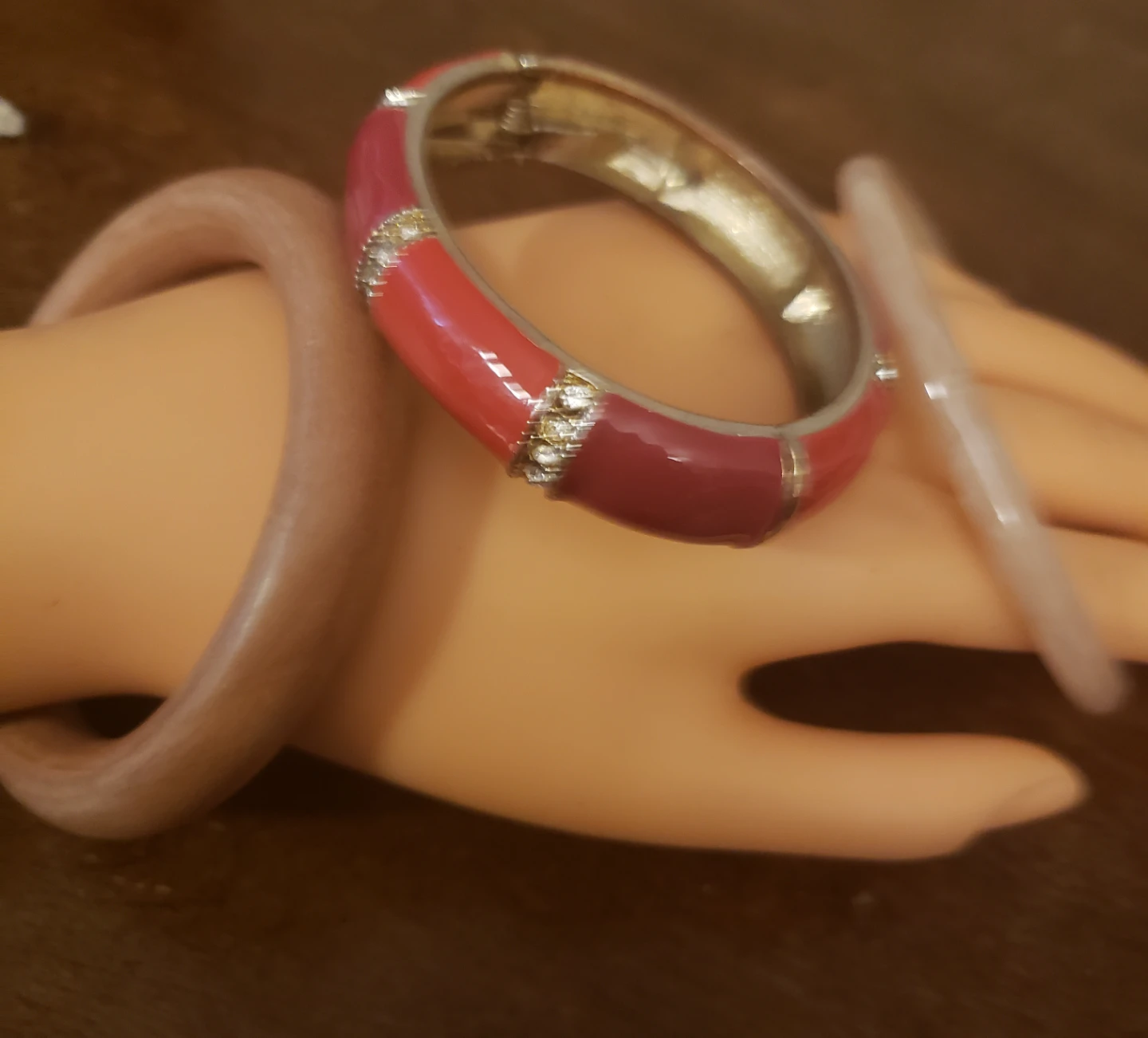 Three Bangles - Red Enamel & Rhinestone, Wood, Clear