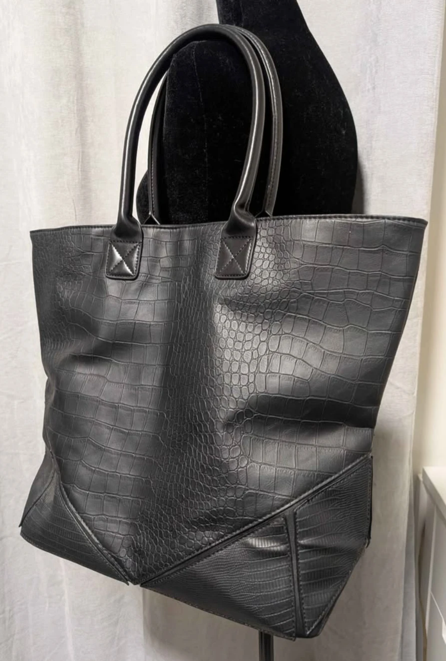 Black Faux Croc Tote Bag