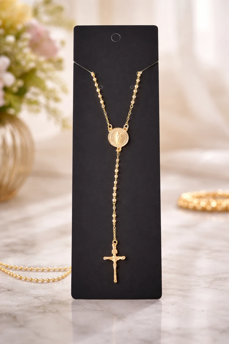 Gold Tone Rosary Necklace with Jesus Pendant