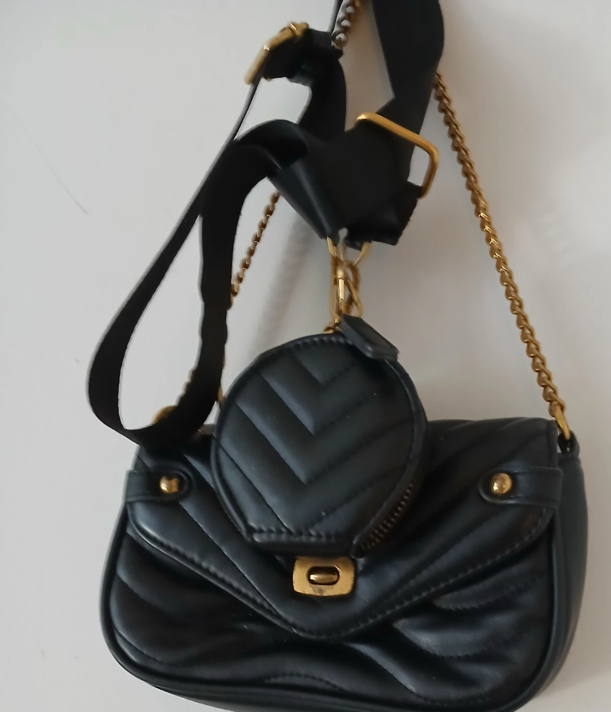 Black Quilted Shoulder Bag with Detachable Coin Pouch
