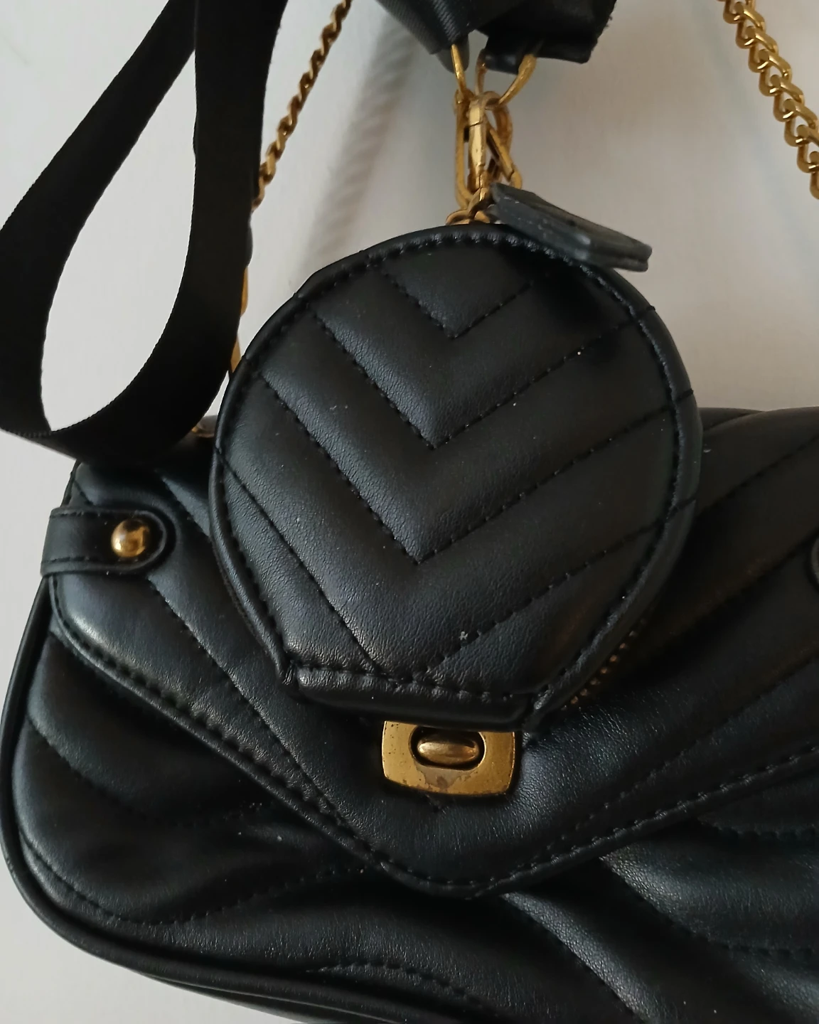 Black Quilted Shoulder Bag with Detachable Coin Pouch - photo 5