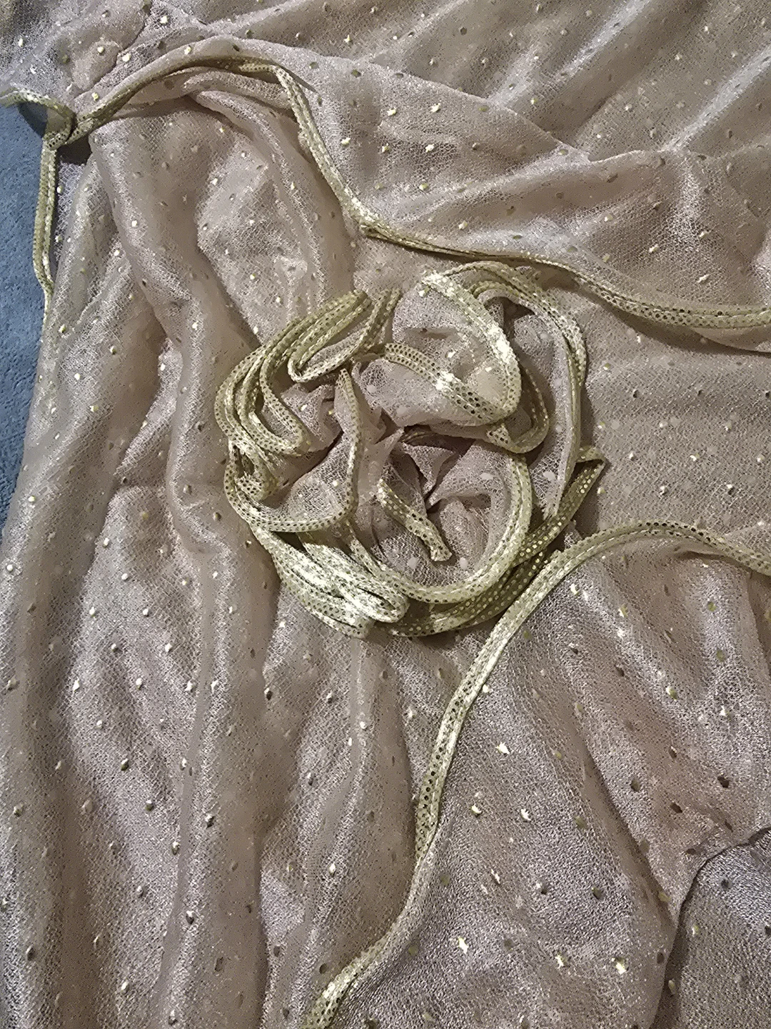 Sheer  golden Scarf with Gold Dots and Flower Detail - photo 2