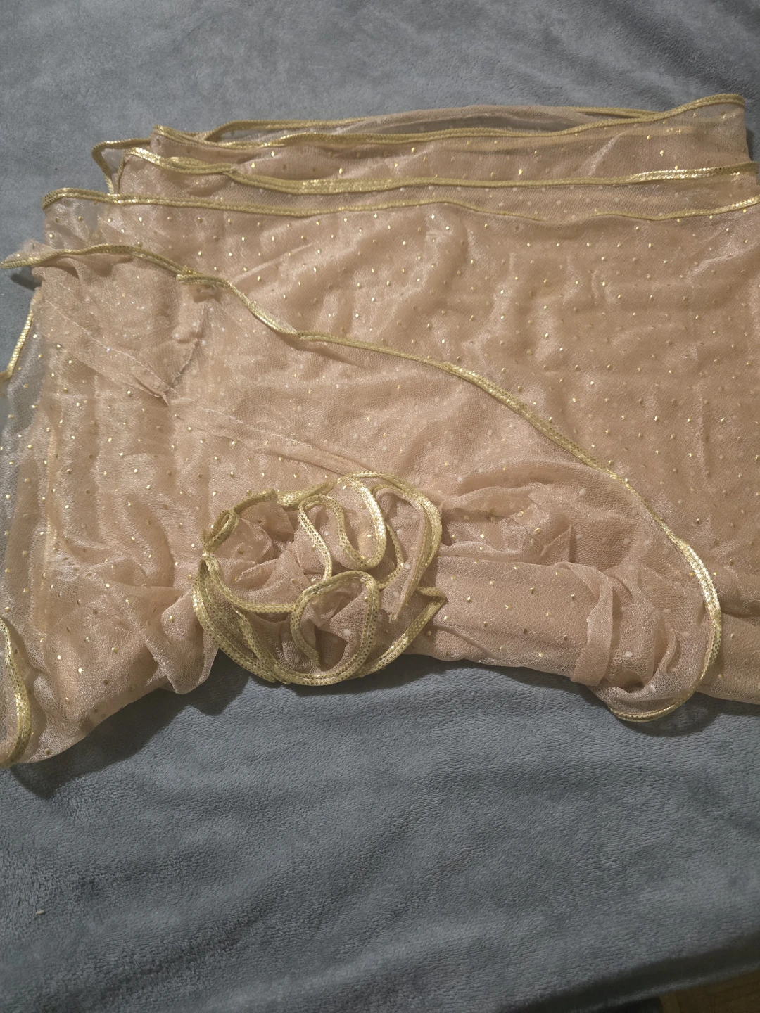 Sheer  golden Scarf with Gold Dots and Flower Detail - photo 3