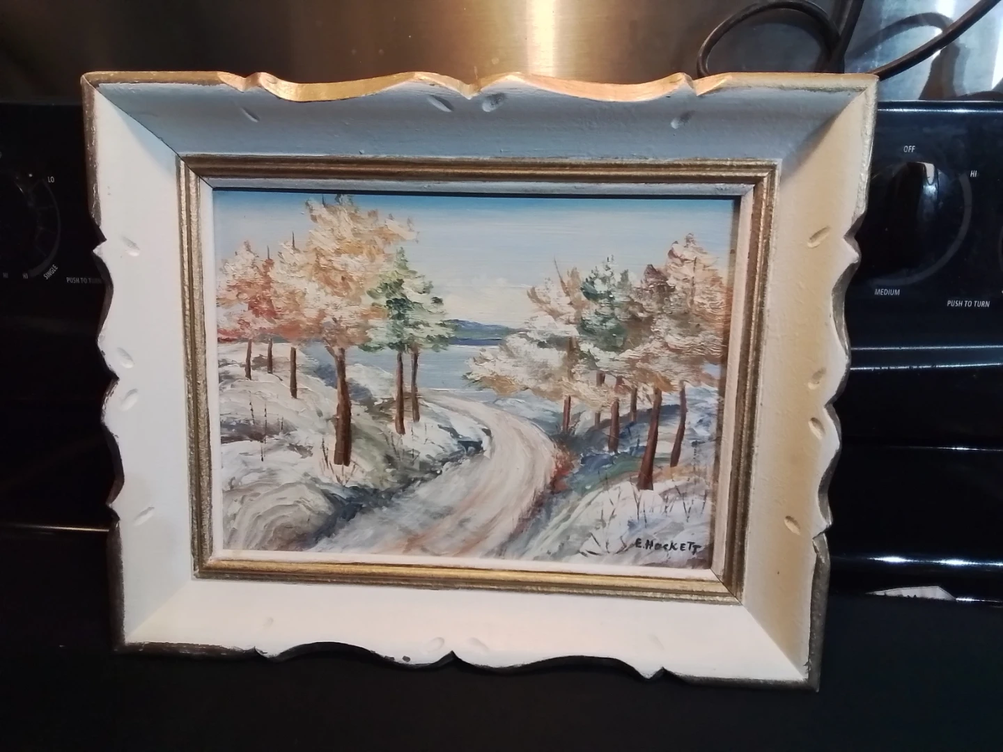 Vintage Winter Scene Oil Painting Signed E. Hackett 14.5x11.5"