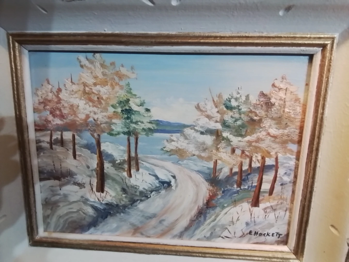 Vintage Winter Scene Oil Painting Signed E. Hackett 14.5x11.5" - photo 2
