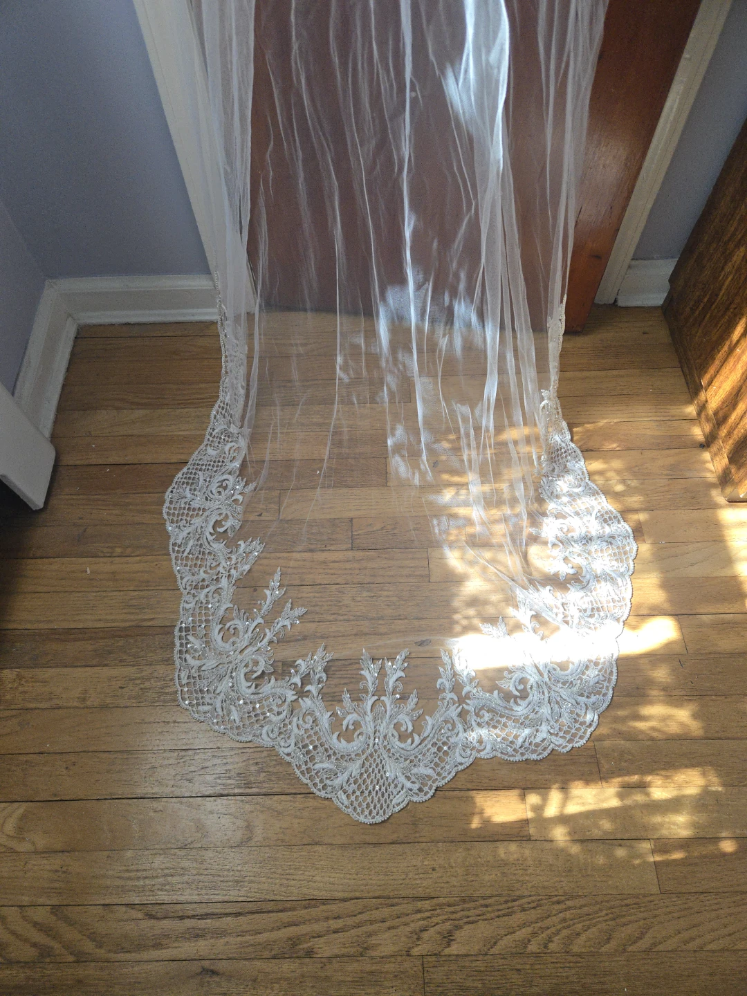 Ivory Lace Wedding Veil with Beading and Sequins - photo 5