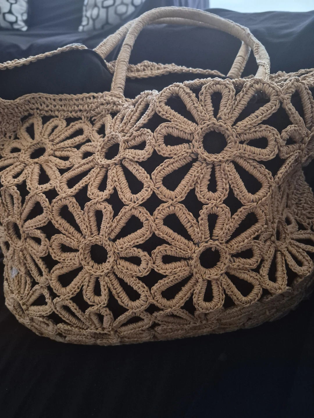 Straw Tote Bag with Floral Crochet Design