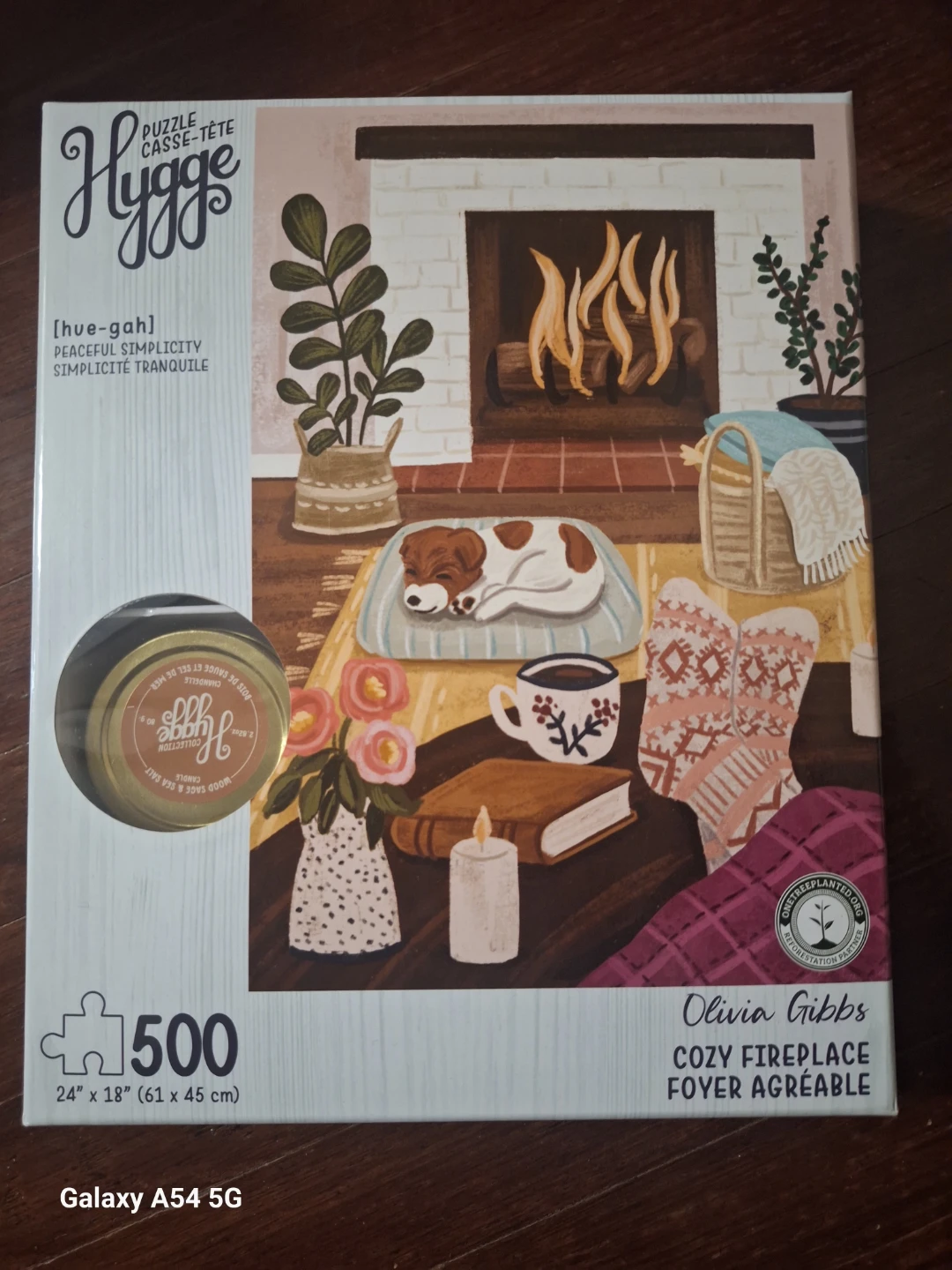 Hygge Cozy Fireplace 500 Piece Jigsaw Puzzle with scented candle