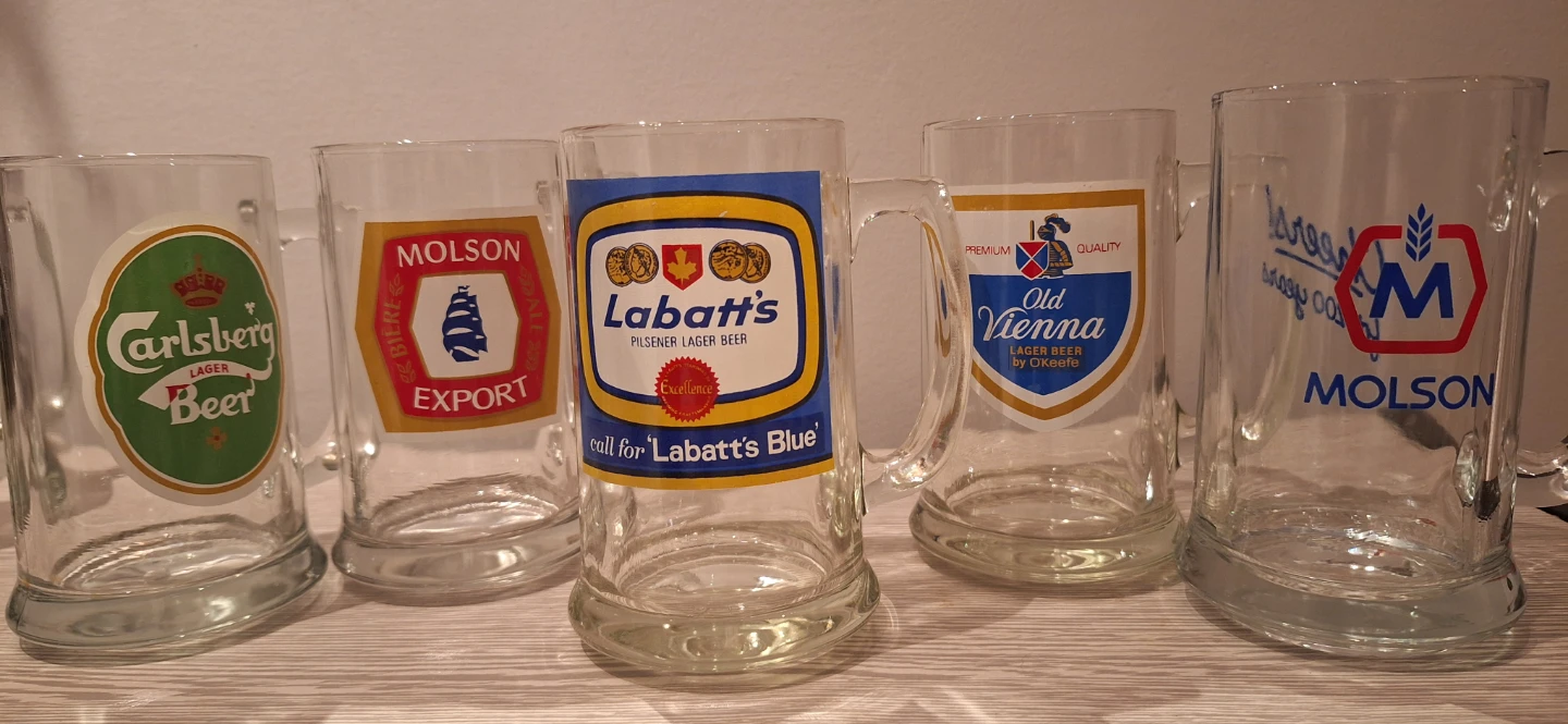 Collection of Beer Mugs: Carlsberg, Molson, Labatt's, Old Vienna
