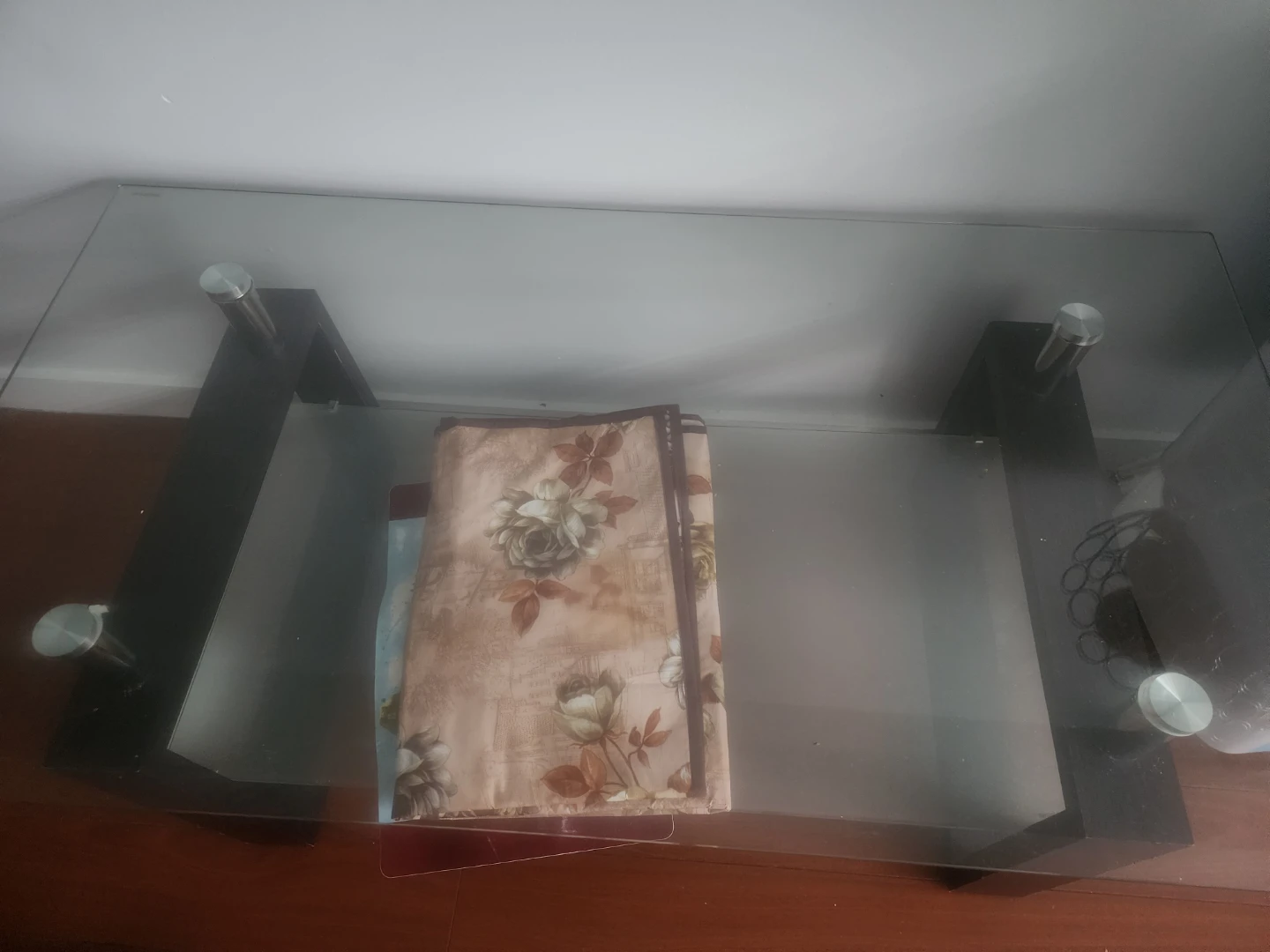 Glass Coffee Table with Dark Wood Legs
