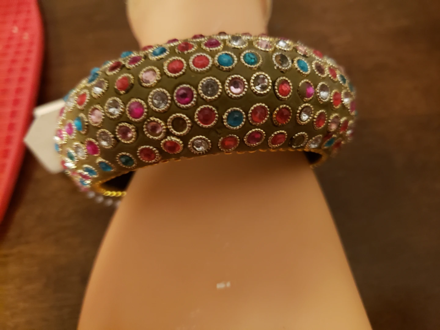 Embellished Bangle Bracelet - Gold tone with colourful stones