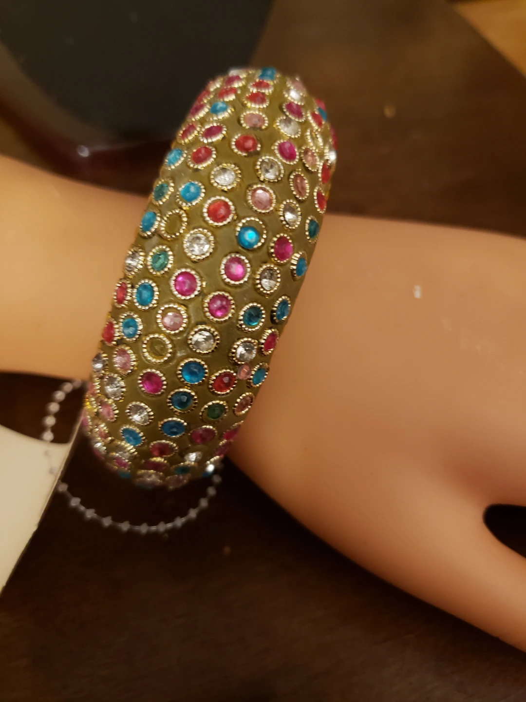 Embellished Bangle Bracelet - Gold tone with colourful stones - photo 2