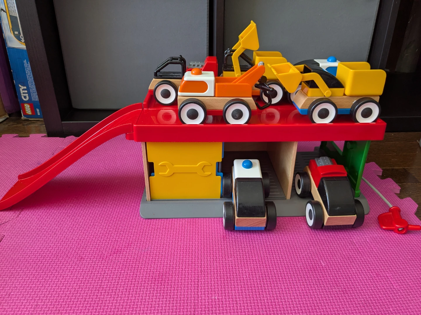 IKEA Wooden Toy Construction Vehicles and Garage Set