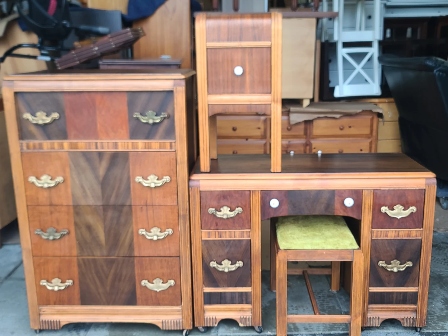 Vintage Art Deco Waterfall Bedroom Set – Vanity, Chest & Bench