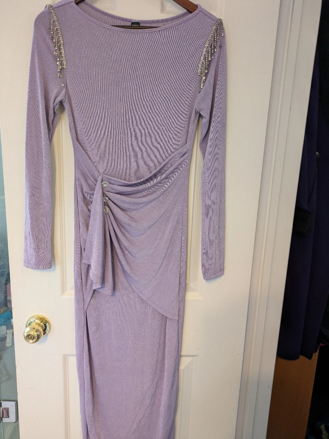 Shein Lavender Ruched Dress with Rhinestone Embellishments