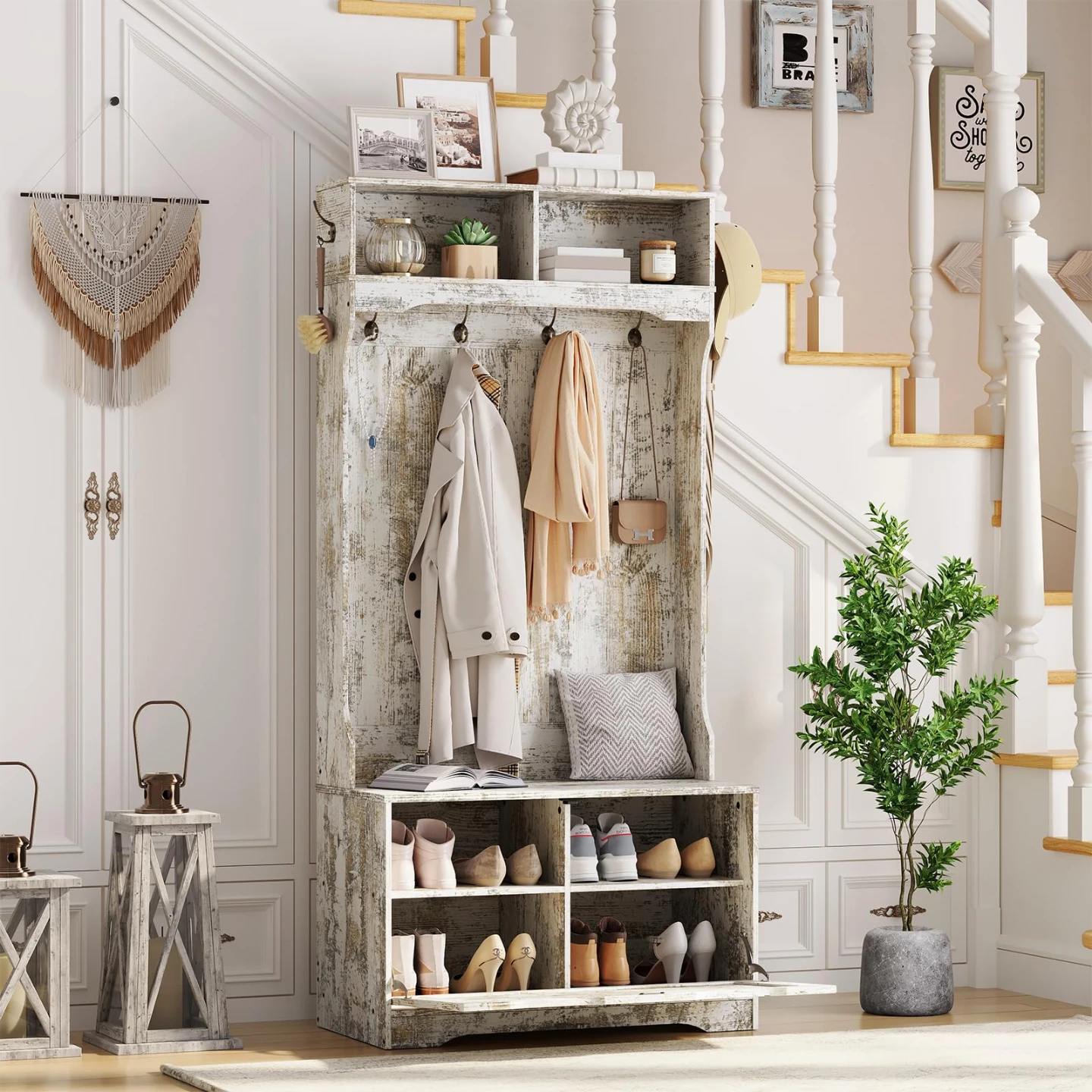 New Hall Tree Bench with Shoe Cabinet Coat Rack for Entryways - photo 3