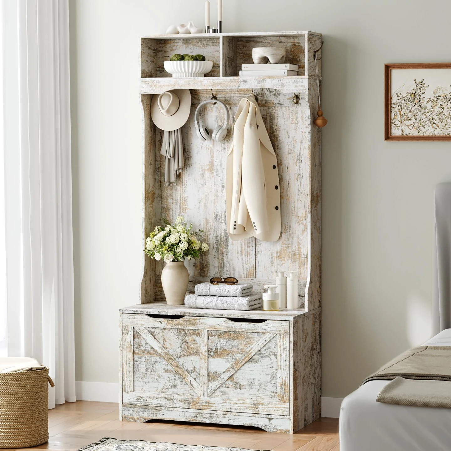 New Hall Tree Bench with Shoe Cabinet Coat Rack for Entryways - photo 4