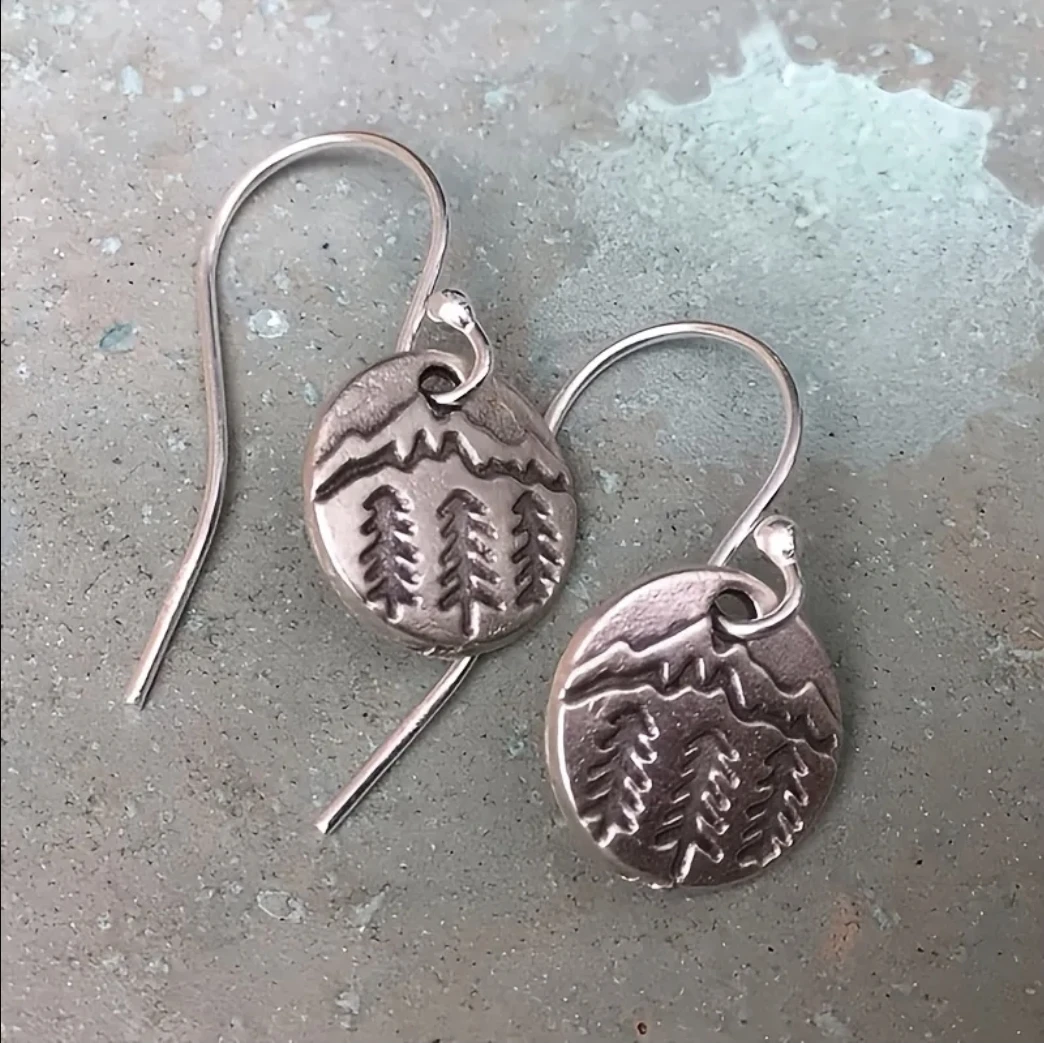 NEW Sterling Silver .925 Mountain & Pine Tree Disc Drop Earrings