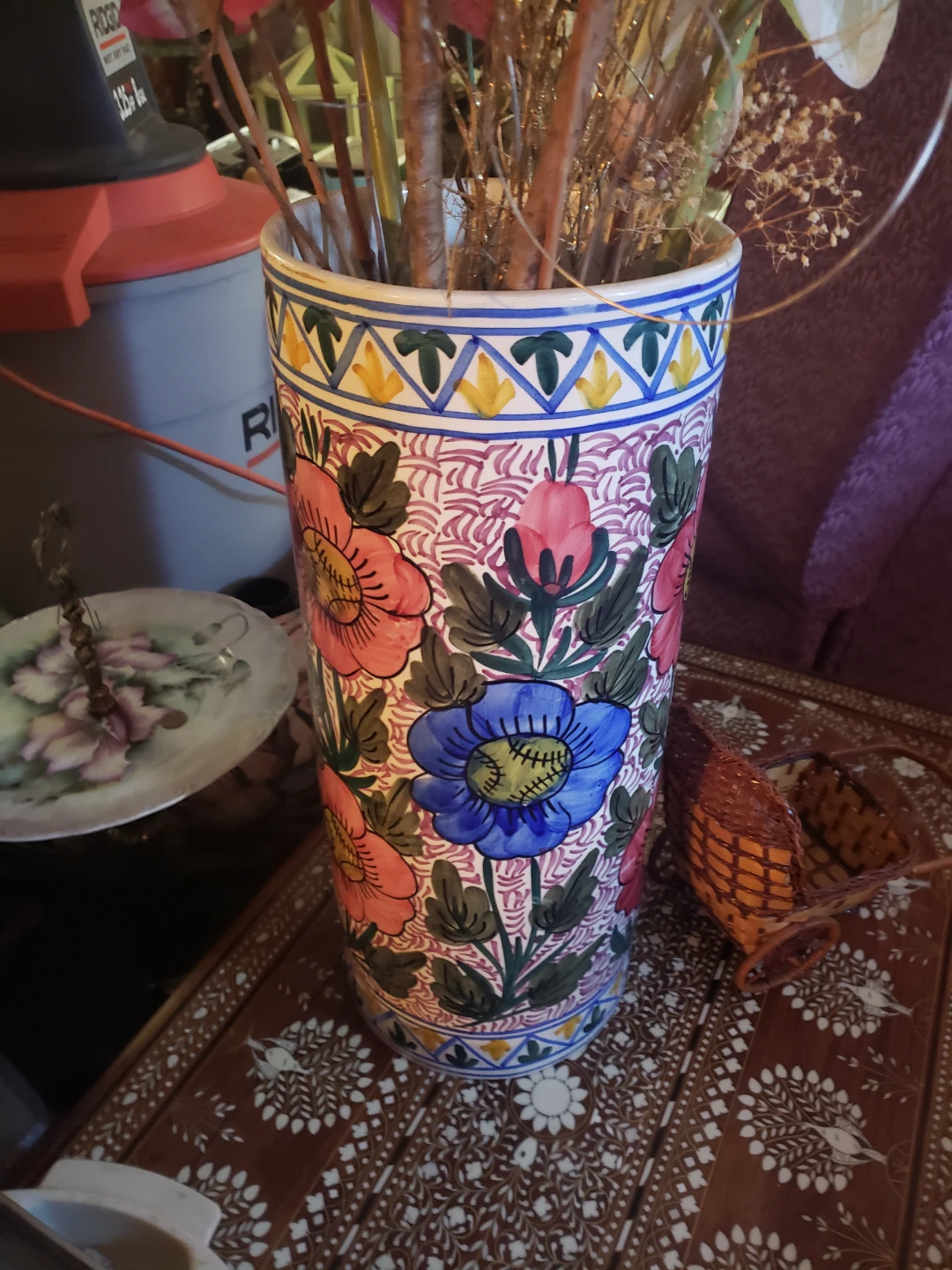 Large Ceramic umbrella stand/vase handpainted from Spain