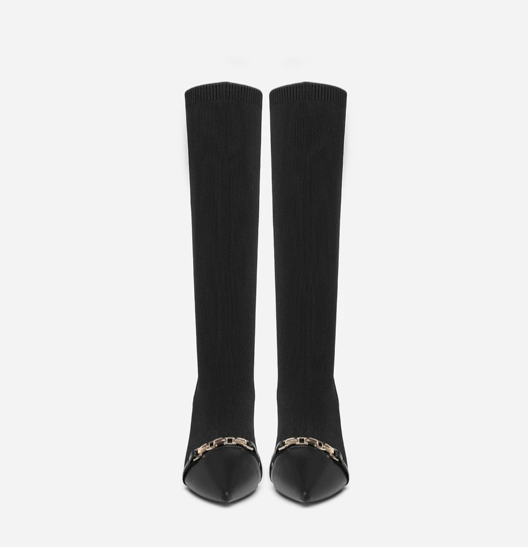 Black Knit Knee-High Boots with Chain Detail - photo 2