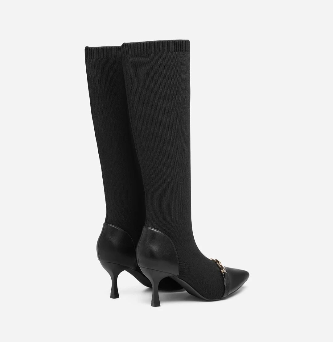 Black Knit Knee-High Boots with Chain Detail - photo 3