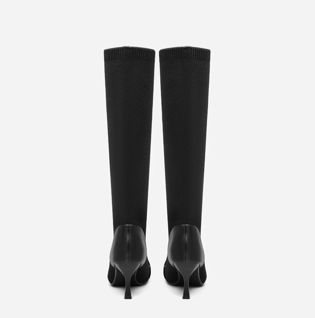 Black Knit Knee-High Boots with Chain Detail - photo 4