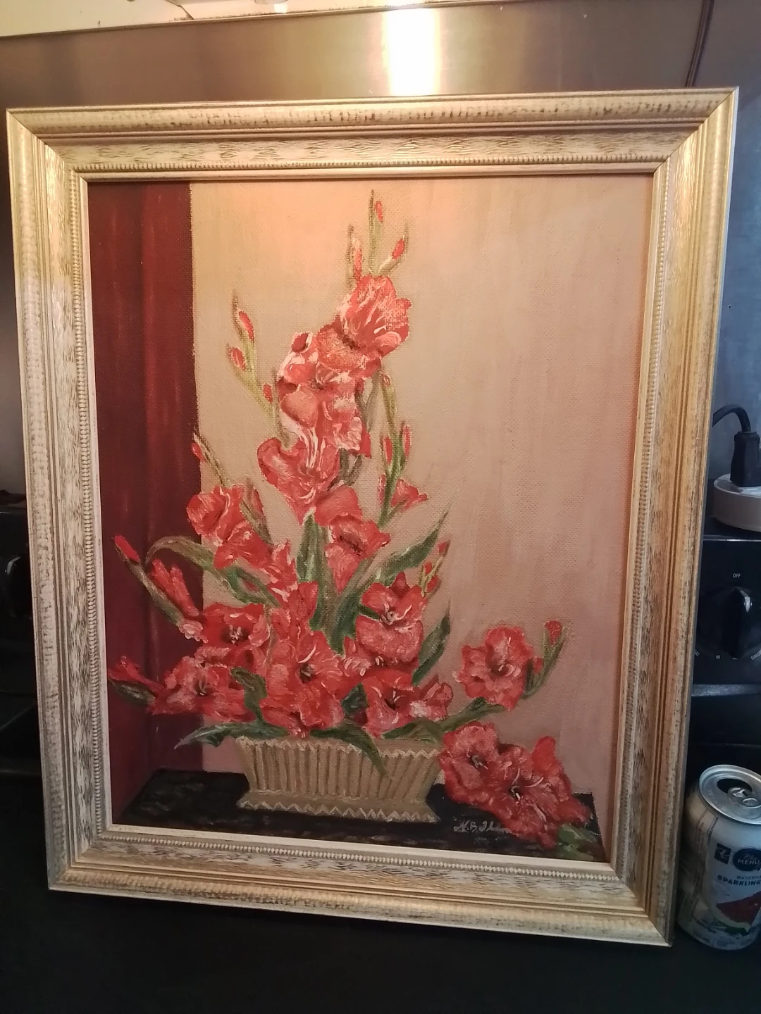 Vintage Signed Framed Oil Painting of Red Gladiolus Flowers