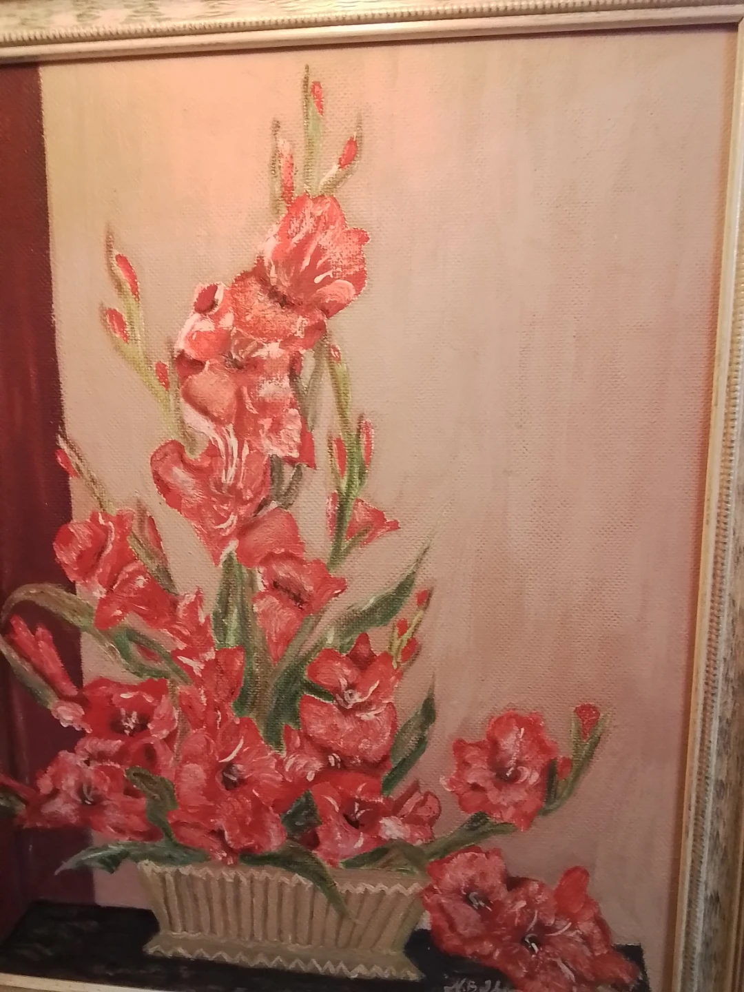 Vintage Signed Framed Oil Painting of Red Gladiolus Flowers - photo 2