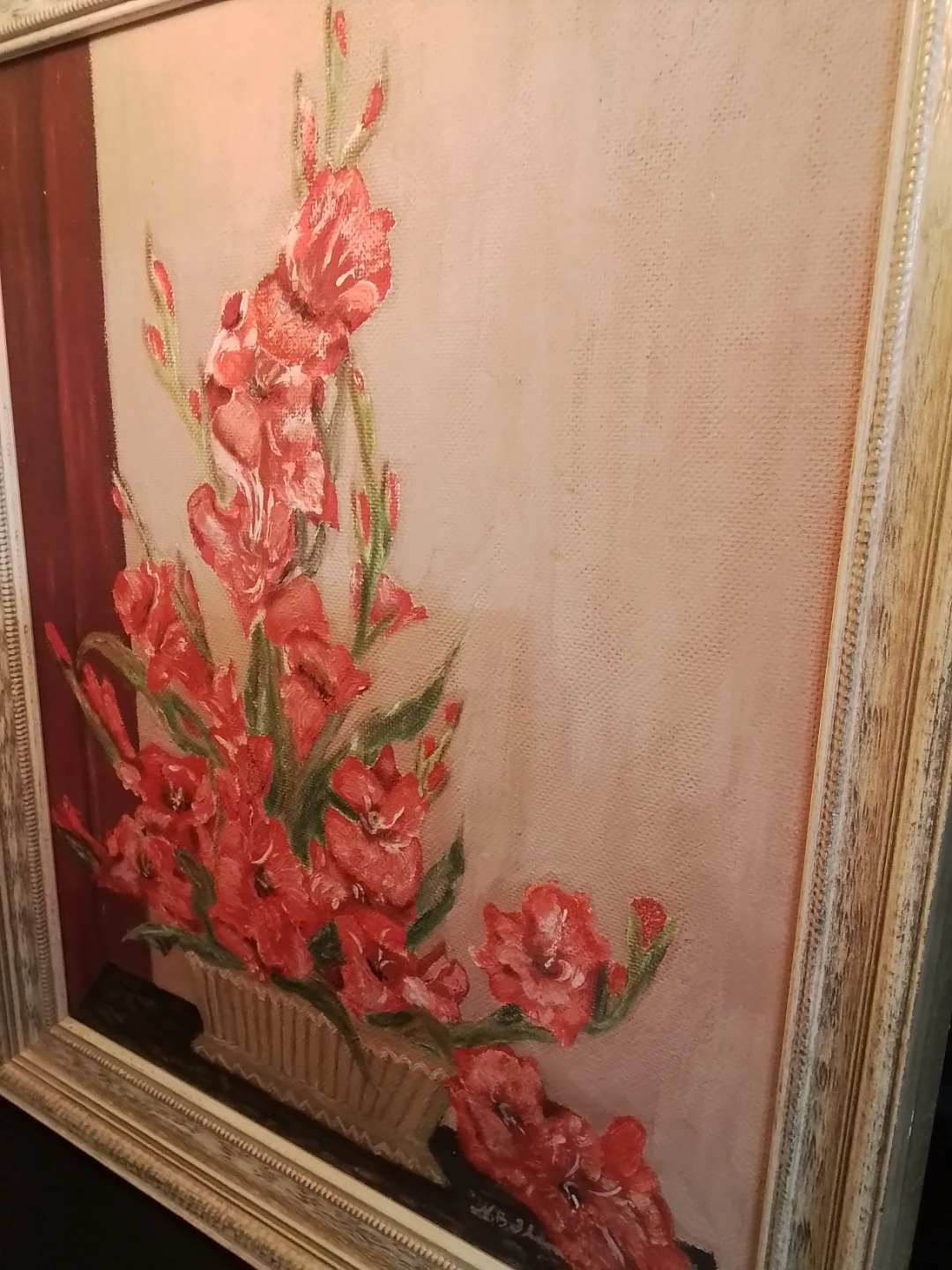Vintage Signed Framed Oil Painting of Red Gladiolus Flowers - photo 3