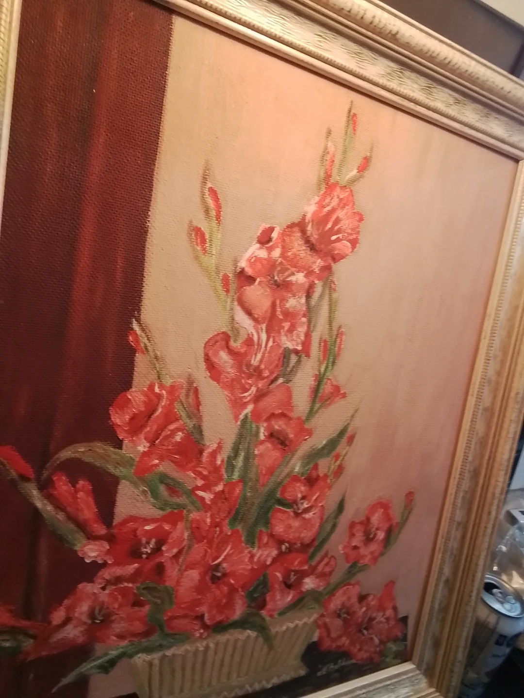 Vintage Signed Framed Oil Painting of Red Gladiolus Flowers - photo 4
