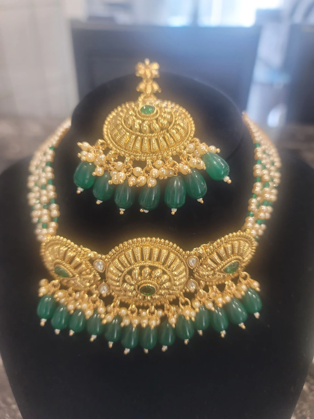 Gold Tone Necklace, Earring, and Tikka Set with Green Beads - photo 2