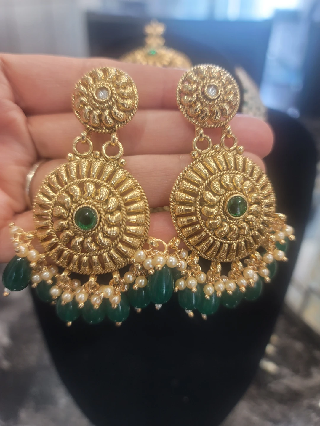 Gold Tone Necklace, Earring, and Tikka Set with Green Beads - photo 3