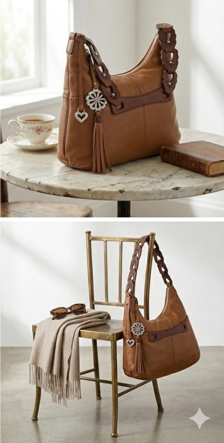 Brighton Cognac Leather Scalloped Laser Cut Strap & Charm