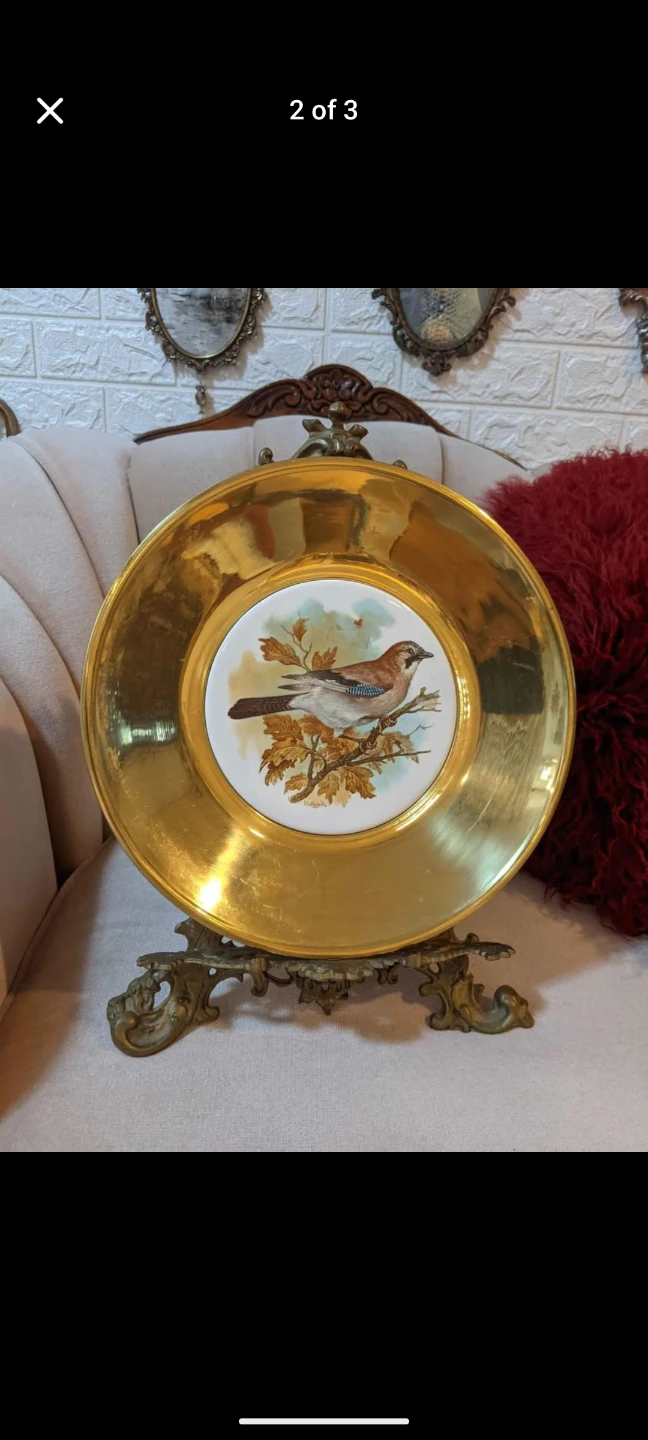 Decorative Plate with Bird Design and Gold Rim brass