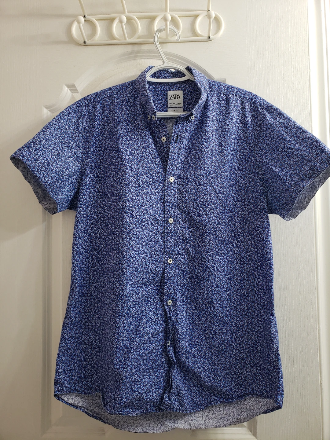 ZARA Men's Blue Floral Slim Fit Short Sleeve Shirt - Size L