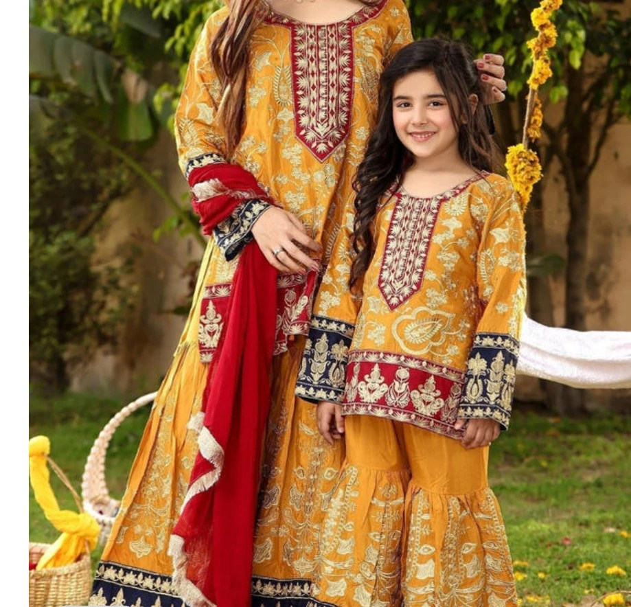 Mom and daughter -Yellow Embroidered Kurti with Sharara Pants