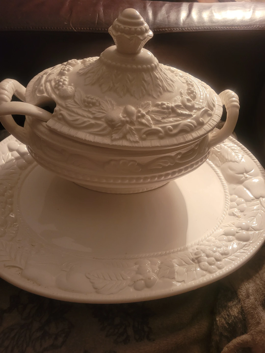 Vintage White Embossed Soup Tureen and Serving Platter