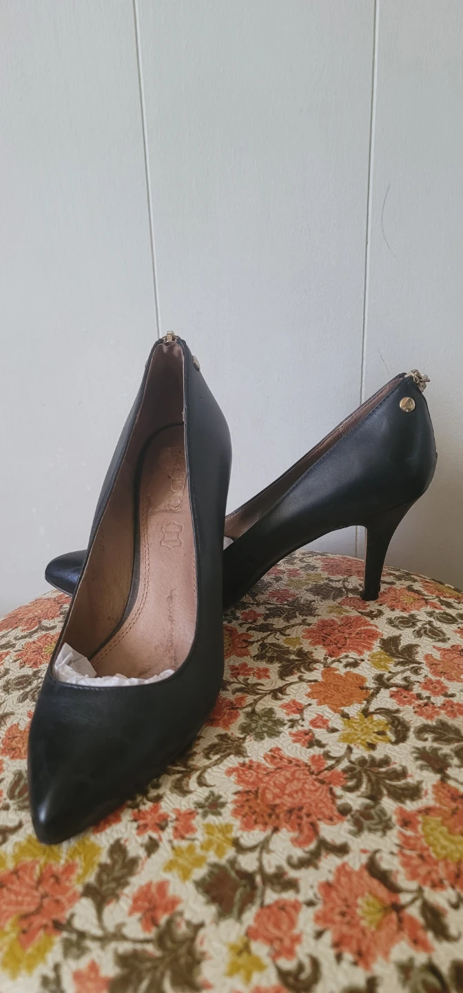 ALDO Black Pointed Toe Heels with Gold Zipper Back