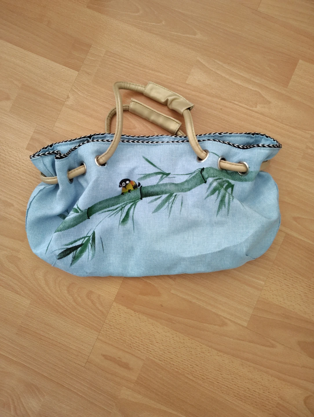 Light Blue Drawstring Handbag with Bamboo Design