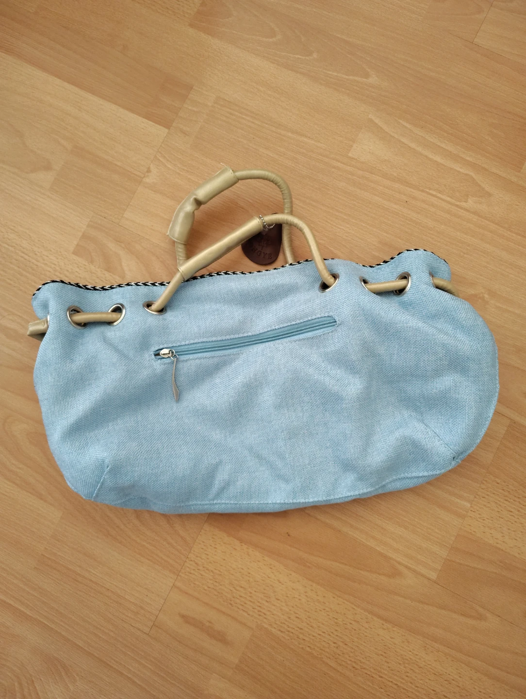 Light Blue Drawstring Handbag with Bamboo Design - photo 2