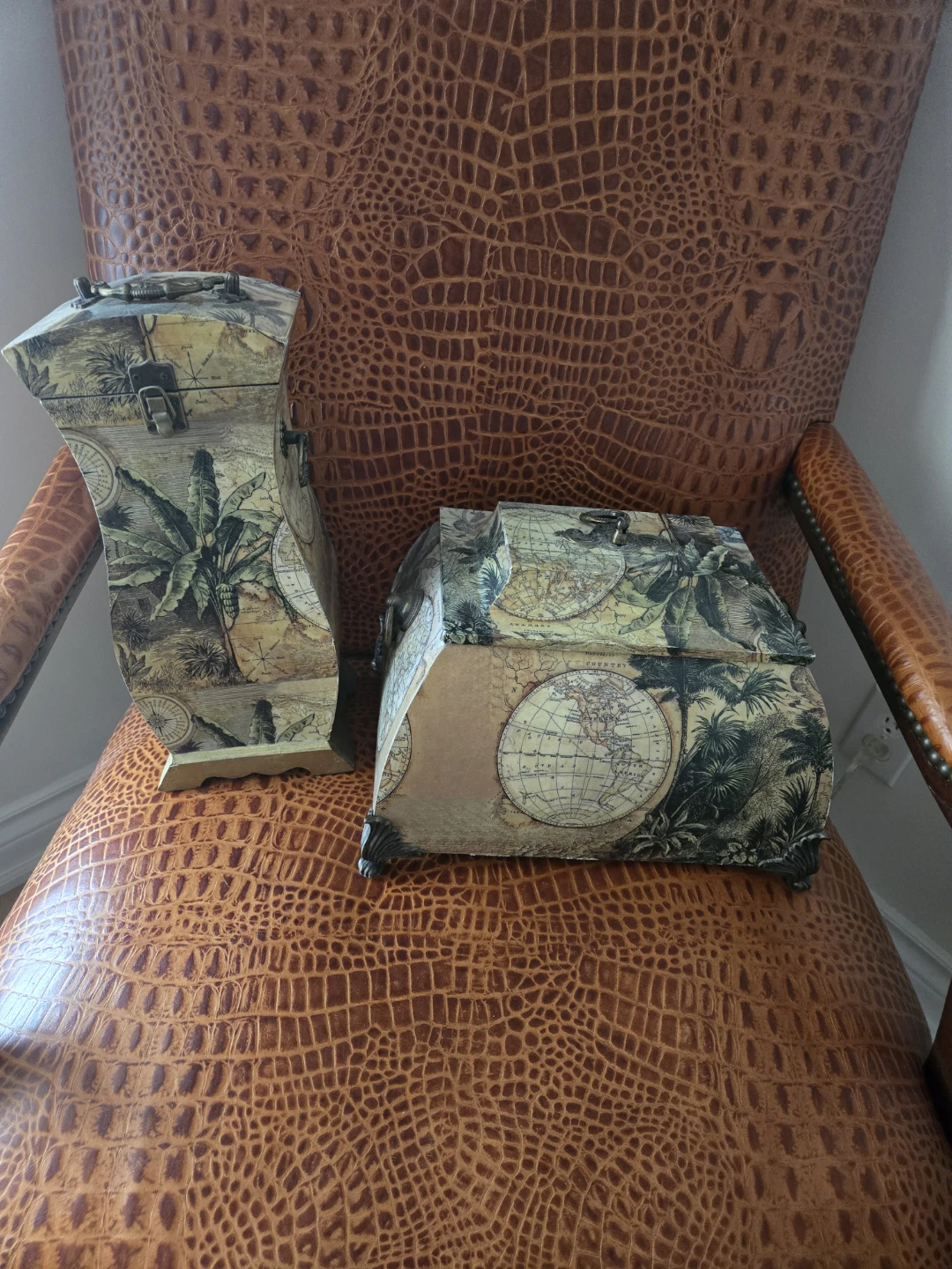 Decorative Trinket Boxes with Map and Tropical Design