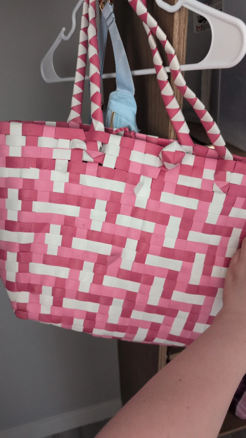 Pink and White Woven Tote Bag