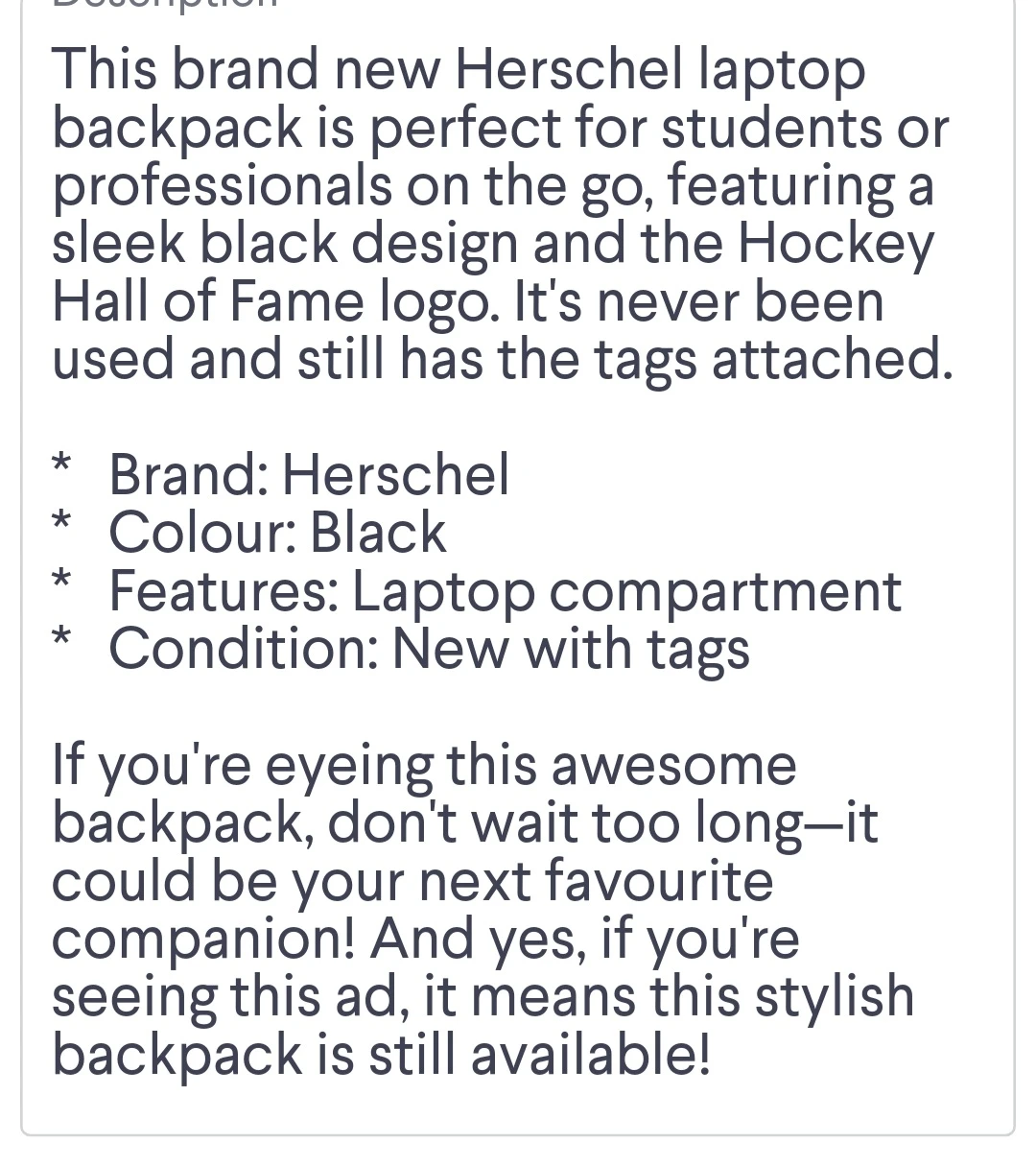 Herschel Laptop Black Backpack Brand New - photo 5