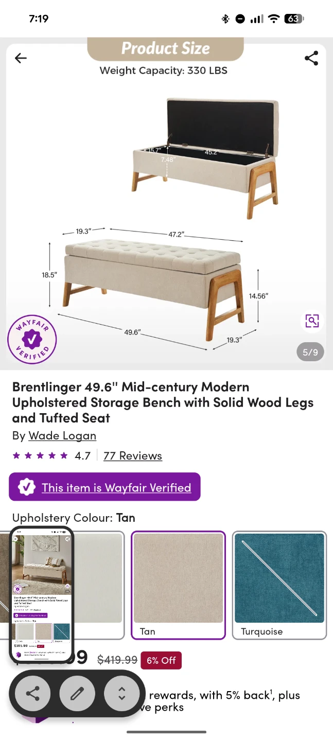 Brentlinger 49.6" Upholstered Storage Bench - Tan - photo 4