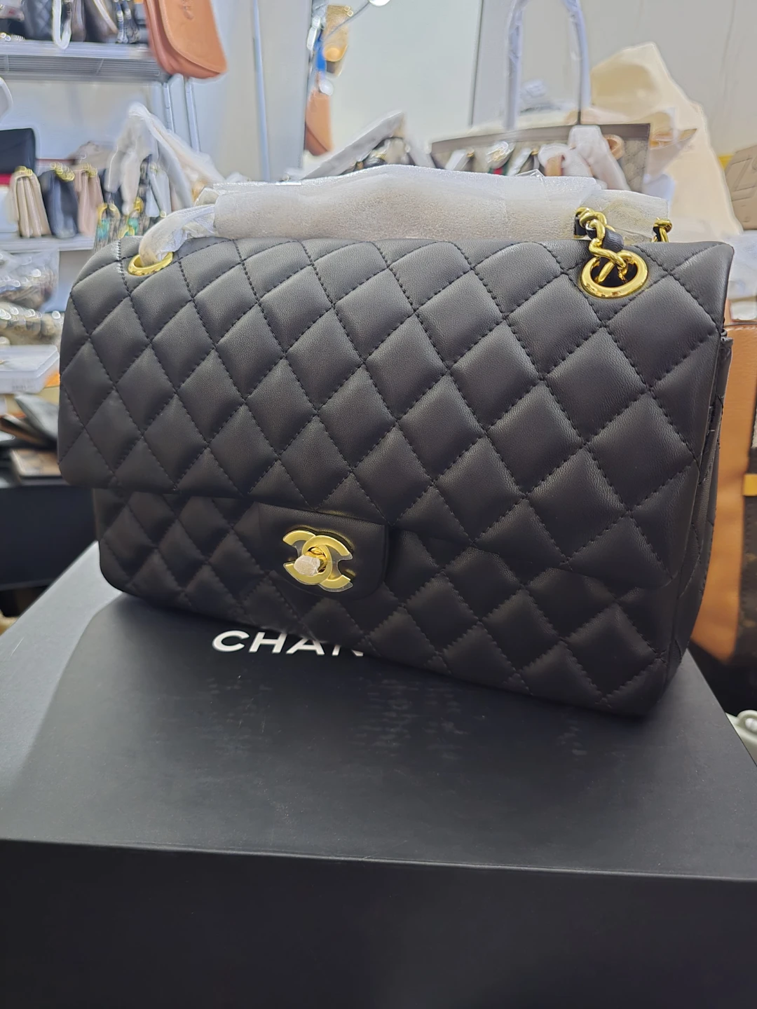 Black Quilted Leather Flap Handbag