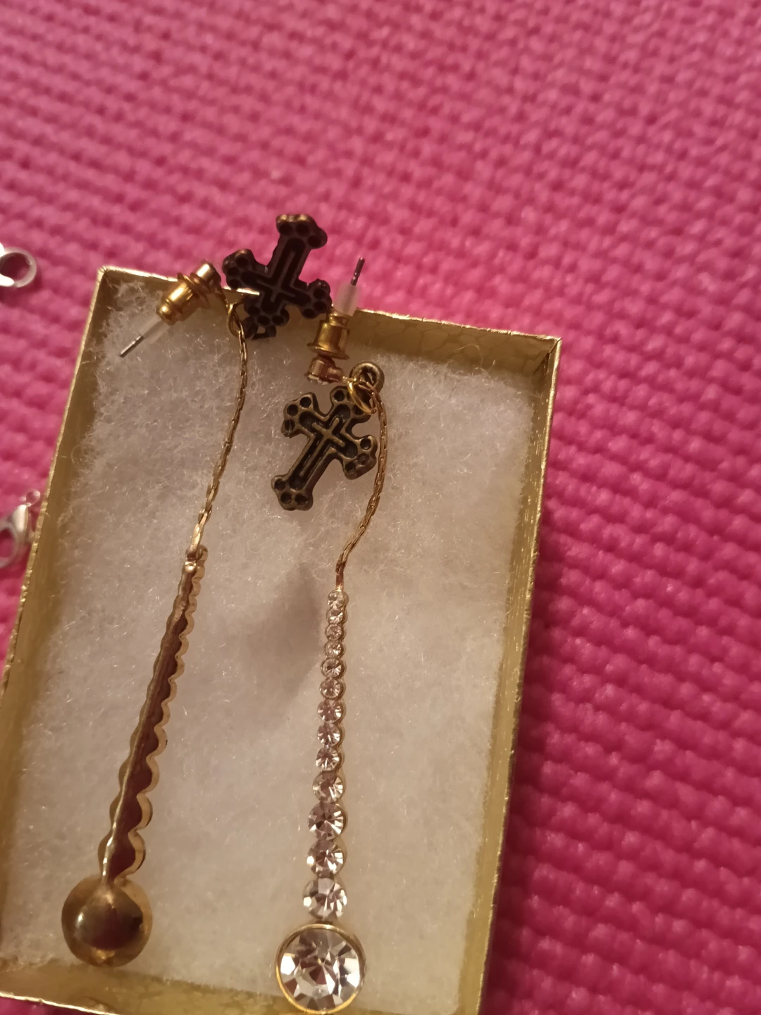 Gold Tone Cross Dangle Earrings with Rhinestones