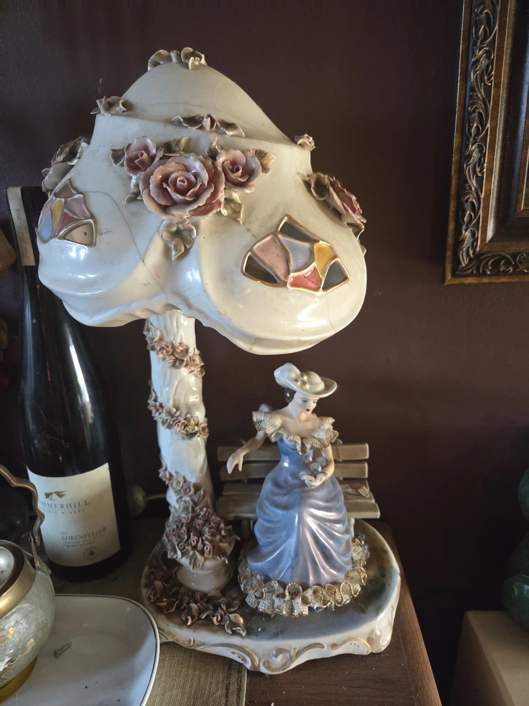 Vintage Porcelain Figurine Table Lamp with Woman on Bench