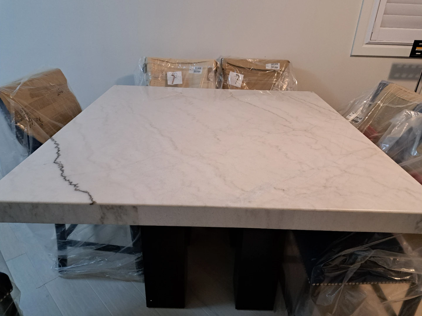 Marble Dining Table and 6 Blue Velvet Chairs Set