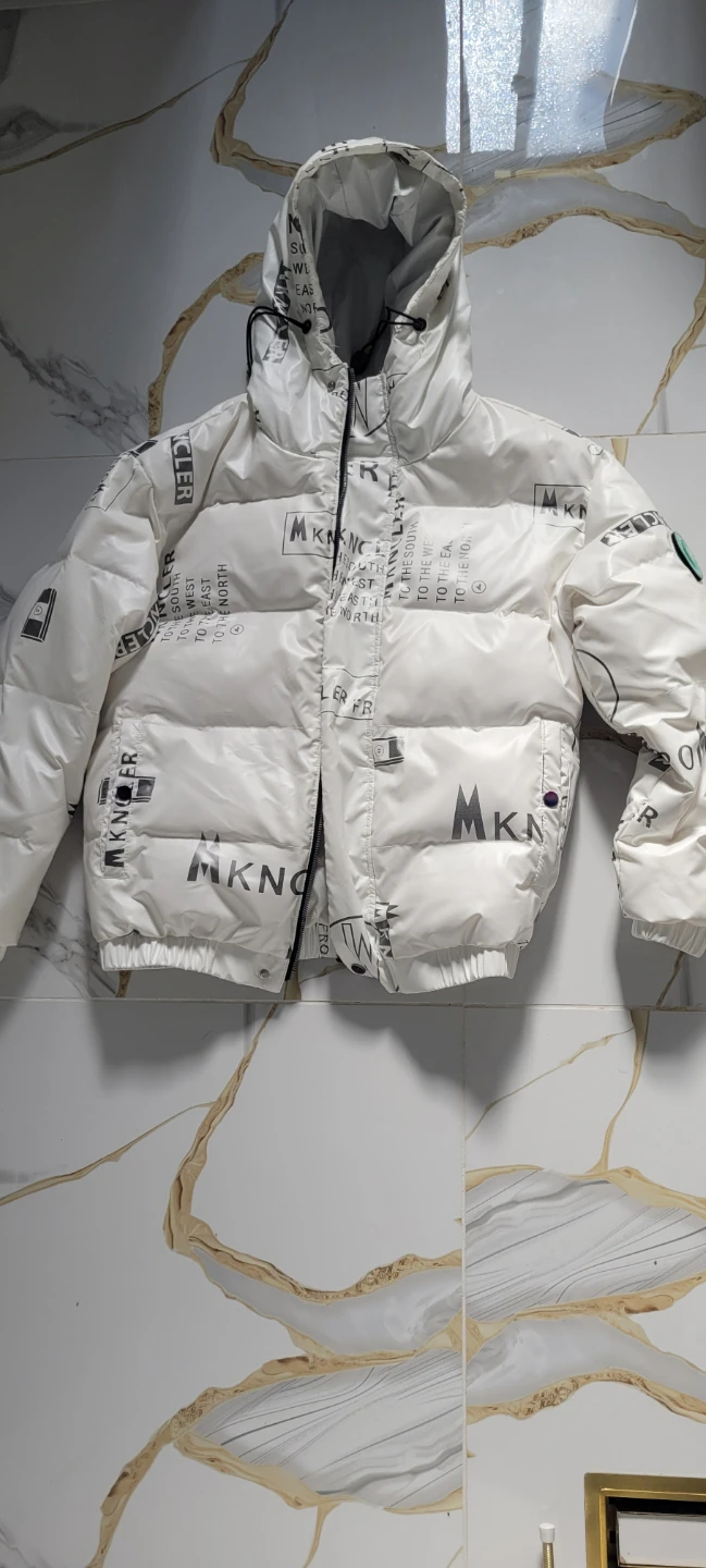 White Puffer Jacket with Graphic Print - Size L